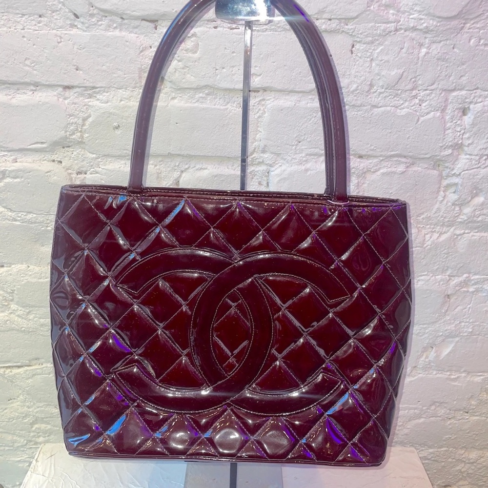 Chanel Medallion Patent Tote Bag (Burgundy)